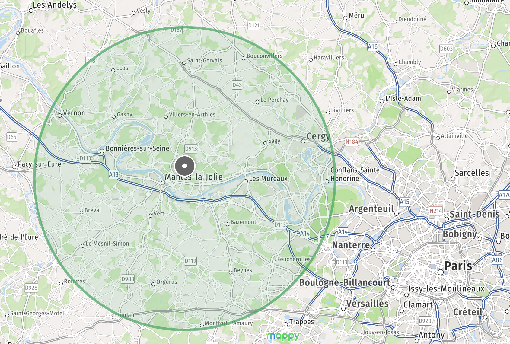 Carte indicative de la zone d'intervention de Mon Assistant Numérique autour de Mantes-la-Jolie